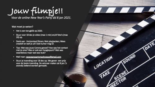 Stuur je filmpje van 2020 in! Voor de online New Year’s Party dd 8 jan 2021.