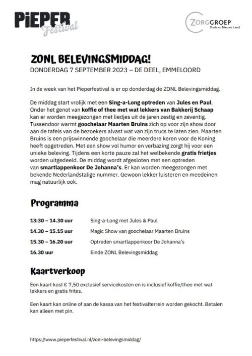 ZONL Belevingsmiddag Pieperfestival